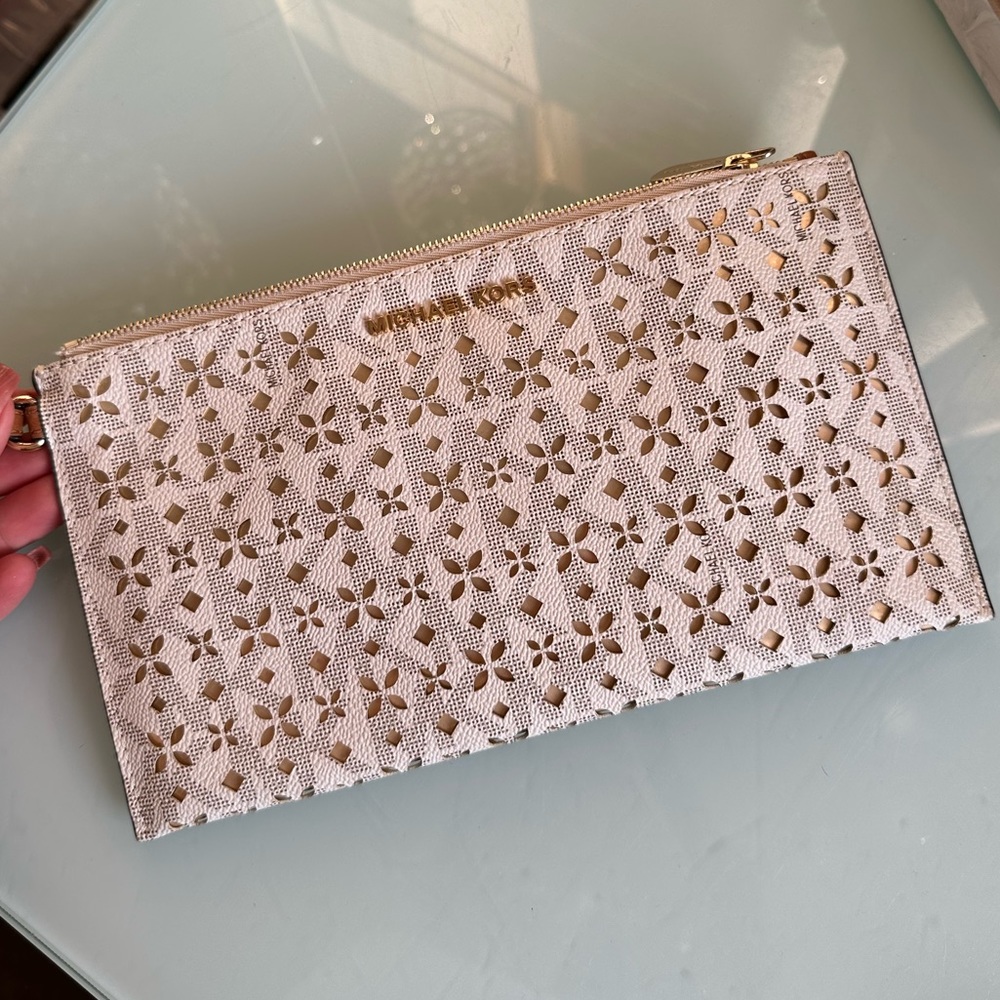 BRAND NEW Michael Kors gold and beige metallic clutch floral cutouts